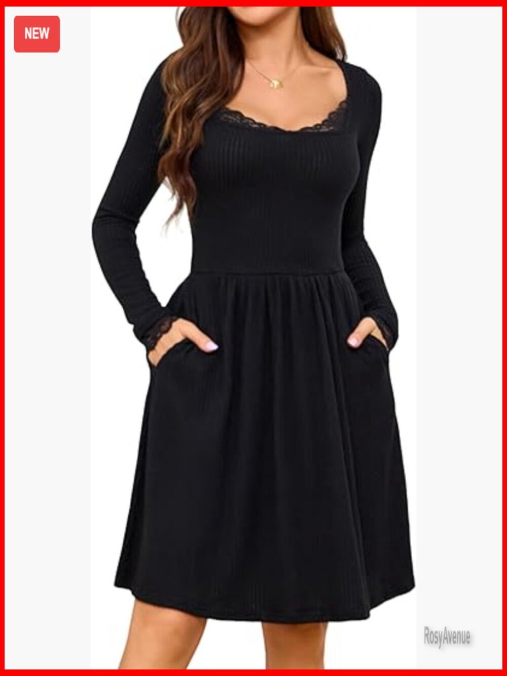 Long Sleeve A-Line Mini Sweater Dress with Lace Neckline and Pockets